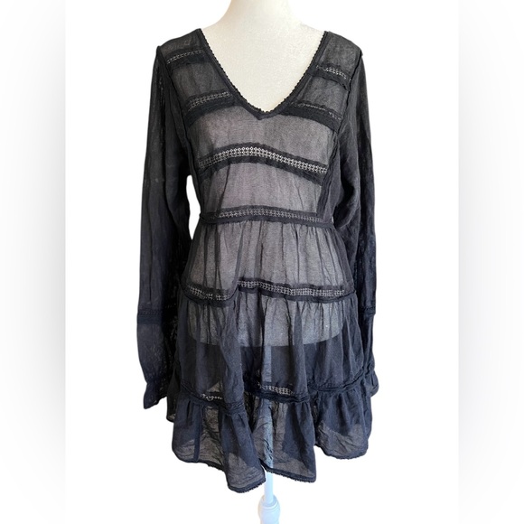 FREE PEOPLE Berlin Black Mesh Long-Sleeved Mini Dress Boho Lace Size S - Picture 1 of 8